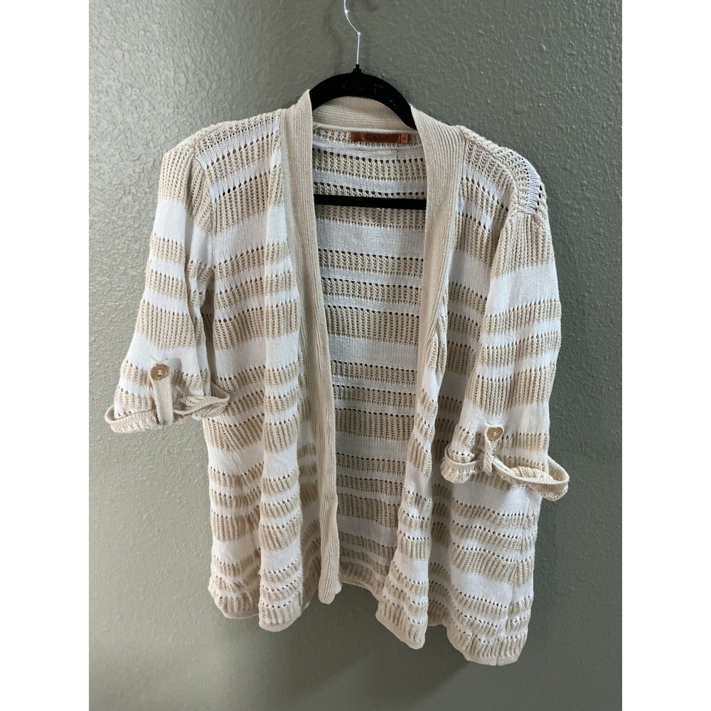 Belldini Women XL Tan White Striped Open Knit Cardigan Button Tab Sleeve Sweater